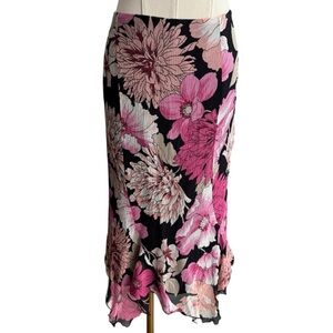 Vintage 100% Silk Floral Midi Skirt Sz 16 Y2K 90s Ruffle Feminine Pretty USA EUC